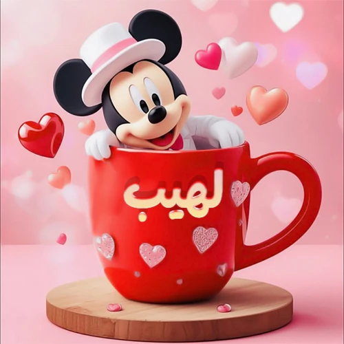 صورة كرتونية ثلاثية الأبعاد لميكي ماوس يخرج من كوب أحمر دافئ يحمل اسم لهيب بخط جميل، محاط بقلوب حب وردية وحمراء زاهية. تصميم عالي الجودة لصور التهنئة، بطاقات المعايدة، أو كهدية رمزية معبرة عن الحب والسعادة.