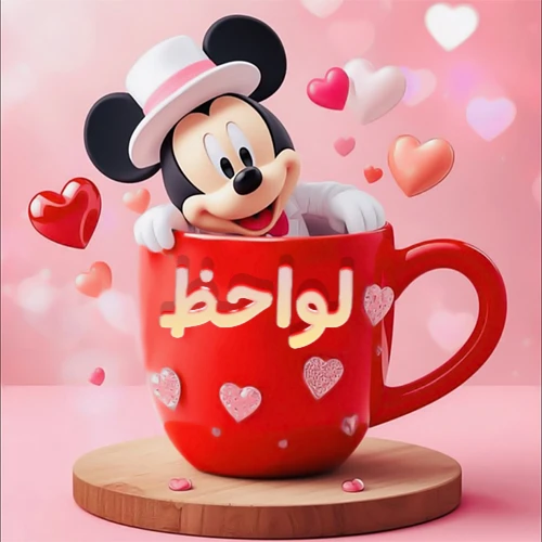 صورة كرتونية ثلاثية الأبعاد لميكي ماوس يخرج من كوب أحمر دافئ يحمل اسم لواحظ بخط جميل، محاط بقلوب حب وردية وحمراء زاهية. تصميم عالي الجودة لصور التهنئة، بطاقات المعايدة، أو كهدية رمزية معبرة عن الحب والسعادة.