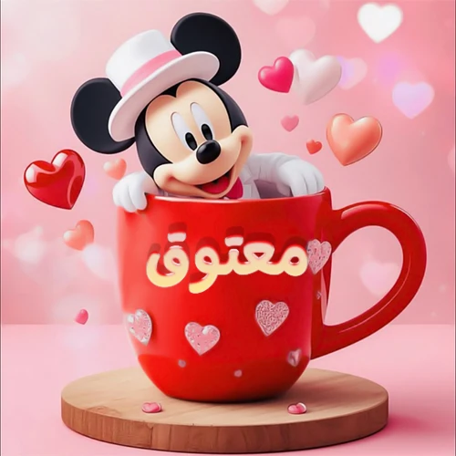 صورة كرتونية ثلاثية الأبعاد لميكي ماوس يخرج من كوب أحمر دافئ يحمل اسم معتوق بخط جميل، محاط بقلوب حب وردية وحمراء زاهية. تصميم عالي الجودة لصور التهنئة، بطاقات المعايدة، أو كهدية رمزية معبرة عن الحب والسعادة.