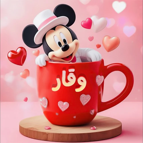 صورة كرتونية ثلاثية الأبعاد لميكي ماوس يخرج من كوب أحمر دافئ يحمل اسم وقار بخط جميل، محاط بقلوب حب وردية وحمراء زاهية. تصميم عالي الجودة لصور التهنئة، بطاقات المعايدة، أو كهدية رمزية معبرة عن الحب والسعادة.