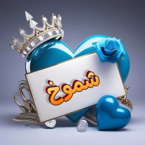 صورة اسم شموخ مكتوب بخط مميز وبرّاق على بطاقة بيضاء، مثبتة أمام قلب أزرق لامع ونابض، يعلوه تاج ملكي مرصع بالجواهر، وتزينه وردة زرقاء فاتنة، مثالية لصور البروفايل وخلفيات الهواتف تعبر عن الحب والتقدير.