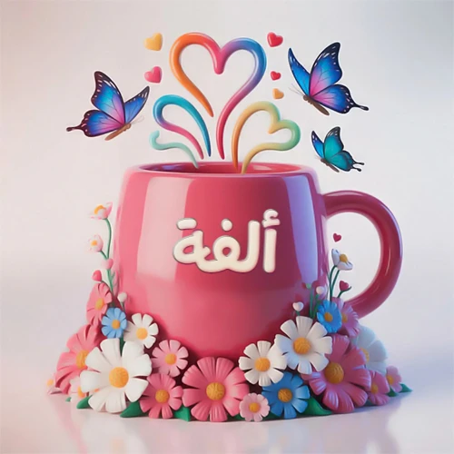 صورة ثلاثية الأبعاد لكوب وردي مزين بزهور ملونة وفراشات زرقاء ووردية، مع قلوب متطايرة. يظهر على الكوب اسم ألفة بخط أبيض بارز، مما يجعلها مثالية لبطاقات التهنئة الشخصية أو كخلفية جذابة تحمل اسم ألفة.