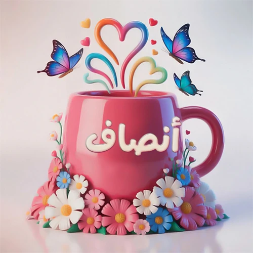 صورة ثلاثية الأبعاد لكوب وردي مزين بزهور ملونة وفراشات زرقاء ووردية، مع قلوب متطايرة. يظهر على الكوب اسم أنصاف بخط أبيض بارز، مما يجعلها مثالية لبطاقات التهنئة الشخصية أو كخلفية جذابة تحمل اسم أنصاف.