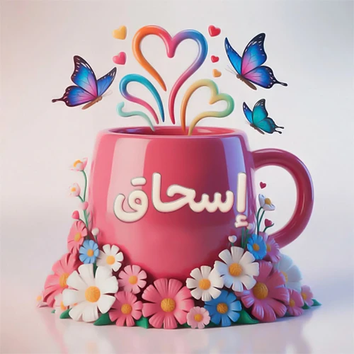 صورة ثلاثية الأبعاد لكوب وردي مزين بزهور ملونة وفراشات زرقاء ووردية، مع قلوب متطايرة. يظهر على الكوب اسم إسحاق بخط أبيض بارز، مما يجعلها مثالية لبطاقات التهنئة الشخصية أو كخلفية جذابة تحمل اسم إسحاق.