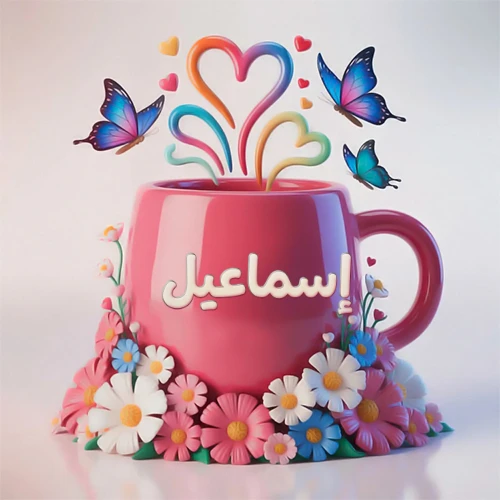 صورة ثلاثية الأبعاد لكوب وردي مزين بزهور ملونة وفراشات زرقاء ووردية، مع قلوب متطايرة. يظهر على الكوب اسم إسماعيل بخط أبيض بارز، مما يجعلها مثالية لبطاقات التهنئة الشخصية أو كخلفية جذابة تحمل اسم إسماعيل.