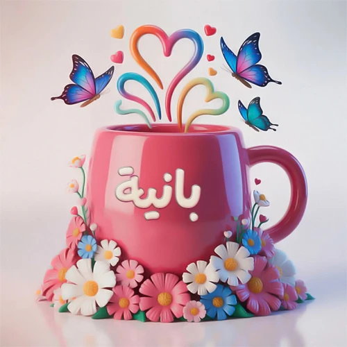 صورة ثلاثية الأبعاد لكوب وردي مزين بزهور ملونة وفراشات زرقاء ووردية، مع قلوب متطايرة. يظهر على الكوب اسم بانية بخط أبيض بارز، مما يجعلها مثالية لبطاقات التهنئة الشخصية أو كخلفية جذابة تحمل اسم بانية.