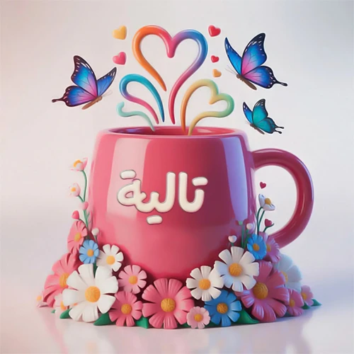 صورة ثلاثية الأبعاد لكوب وردي مزين بزهور ملونة وفراشات زرقاء ووردية، مع قلوب متطايرة. يظهر على الكوب اسم تالية بخط أبيض بارز، مما يجعلها مثالية لبطاقات التهنئة الشخصية أو كخلفية جذابة تحمل اسم تالية.