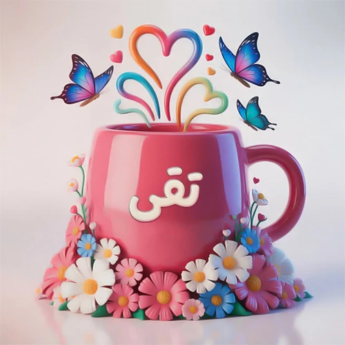 صورة ثلاثية الأبعاد لكوب وردي مزين بزهور ملونة وفراشات زرقاء ووردية، مع قلوب متطايرة. يظهر على الكوب اسم تقى بخط أبيض بارز، مما يجعلها مثالية لبطاقات التهنئة الشخصية أو كخلفية جذابة تحمل اسم تقى.