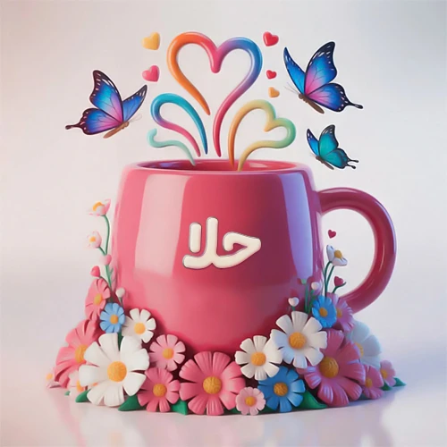 صورة ثلاثية الأبعاد لكوب وردي مزين بزهور ملونة وفراشات زرقاء ووردية، مع قلوب متطايرة. يظهر على الكوب اسم حلا بخط أبيض بارز، مما يجعلها مثالية لبطاقات التهنئة الشخصية أو كخلفية جذابة تحمل اسم حلا.