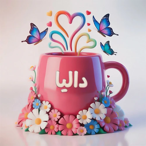 صورة ثلاثية الأبعاد لكوب وردي مزين بزهور ملونة وفراشات زرقاء ووردية، مع قلوب متطايرة. يظهر على الكوب اسم داليا بخط أبيض بارز، مما يجعلها مثالية لبطاقات التهنئة الشخصية أو كخلفية جذابة تحمل اسم داليا.