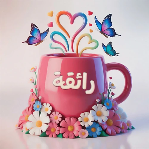 صورة ثلاثية الأبعاد لكوب وردي مزين بزهور ملونة وفراشات زرقاء ووردية، مع قلوب متطايرة. يظهر على الكوب اسم رائقة بخط أبيض بارز، مما يجعلها مثالية لبطاقات التهنئة الشخصية أو كخلفية جذابة تحمل اسم رائقة.