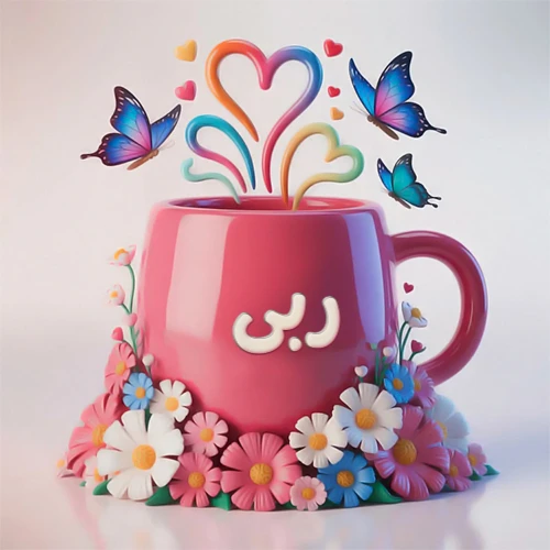 صورة ثلاثية الأبعاد لكوب وردي مزين بزهور ملونة وفراشات زرقاء ووردية، مع قلوب متطايرة. يظهر على الكوب اسم ربى بخط أبيض بارز، مما يجعلها مثالية لبطاقات التهنئة الشخصية أو كخلفية جذابة تحمل اسم ربى.