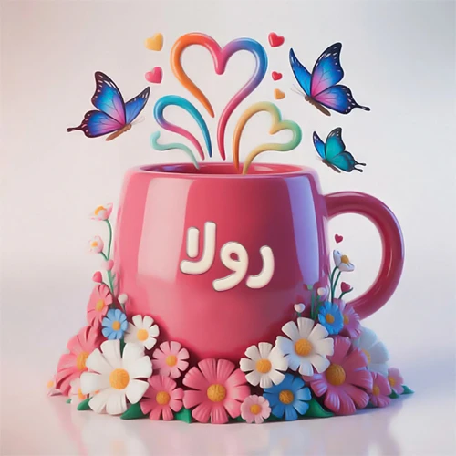 صورة ثلاثية الأبعاد لكوب وردي مزين بزهور ملونة وفراشات زرقاء ووردية، مع قلوب متطايرة. يظهر على الكوب اسم رولا بخط أبيض بارز، مما يجعلها مثالية لبطاقات التهنئة الشخصية أو كخلفية جذابة تحمل اسم رولا.