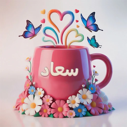 صورة ثلاثية الأبعاد لكوب وردي مزين بزهور ملونة وفراشات زرقاء ووردية، مع قلوب متطايرة. يظهر على الكوب اسم سعاد بخط أبيض بارز، مما يجعلها مثالية لبطاقات التهنئة الشخصية أو كخلفية جذابة تحمل اسم سعاد.