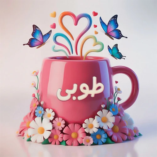 صورة ثلاثية الأبعاد لكوب وردي مزين بزهور ملونة وفراشات زرقاء ووردية، مع قلوب متطايرة. يظهر على الكوب اسم طوبى بخط أبيض بارز، مما يجعلها مثالية لبطاقات التهنئة الشخصية أو كخلفية جذابة تحمل اسم طوبى.
