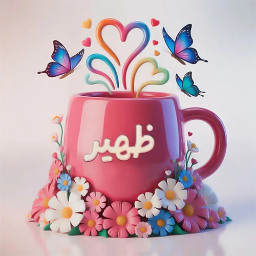صورة ثلاثية الأبعاد لكوب وردي مزين بزهور ملونة وفراشات زرقاء ووردية، مع قلوب متطايرة. يظهر على الكوب اسم ظهير بخط أبيض بارز، مما يجعلها مثالية لبطاقات التهنئة الشخصية أو كخلفية جذابة تحمل اسم ظهير.