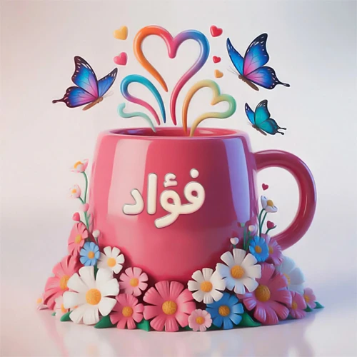 صورة ثلاثية الأبعاد لكوب وردي مزين بزهور ملونة وفراشات زرقاء ووردية، مع قلوب متطايرة. يظهر على الكوب اسم فؤاد بخط أبيض بارز، مما يجعلها مثالية لبطاقات التهنئة الشخصية أو كخلفية جذابة تحمل اسم فؤاد.