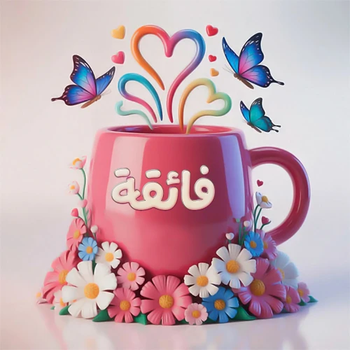 صورة ثلاثية الأبعاد لكوب وردي مزين بزهور ملونة وفراشات زرقاء ووردية، مع قلوب متطايرة. يظهر على الكوب اسم فائقة بخط أبيض بارز، مما يجعلها مثالية لبطاقات التهنئة الشخصية أو كخلفية جذابة تحمل اسم فائقة.