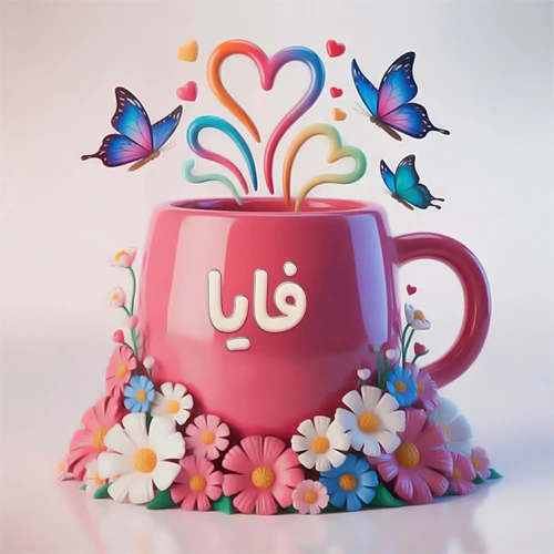 صورة ثلاثية الأبعاد لكوب وردي مزين بزهور ملونة وفراشات زرقاء ووردية، مع قلوب متطايرة. يظهر على الكوب اسم فايا بخط أبيض بارز، مما يجعلها مثالية لبطاقات التهنئة الشخصية أو كخلفية جذابة تحمل اسم فايا.