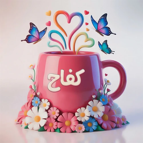 صورة ثلاثية الأبعاد لكوب وردي مزين بزهور ملونة وفراشات زرقاء ووردية، مع قلوب متطايرة. يظهر على الكوب اسم كفاح بخط أبيض بارز، مما يجعلها مثالية لبطاقات التهنئة الشخصية أو كخلفية جذابة تحمل اسم كفاح.
