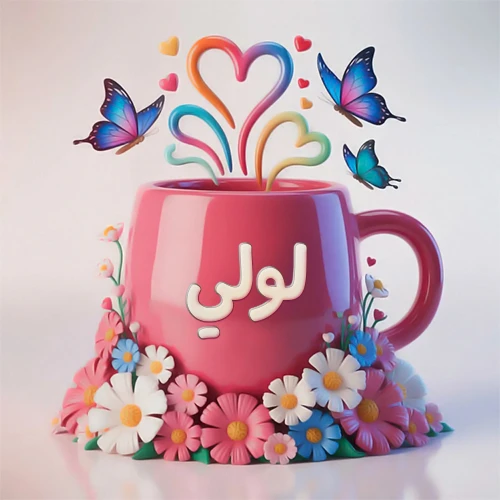 صورة ثلاثية الأبعاد لكوب وردي مزين بزهور ملونة وفراشات زرقاء ووردية، مع قلوب متطايرة. يظهر على الكوب اسم لولي بخط أبيض بارز، مما يجعلها مثالية لبطاقات التهنئة الشخصية أو كخلفية جذابة تحمل اسم لولي.