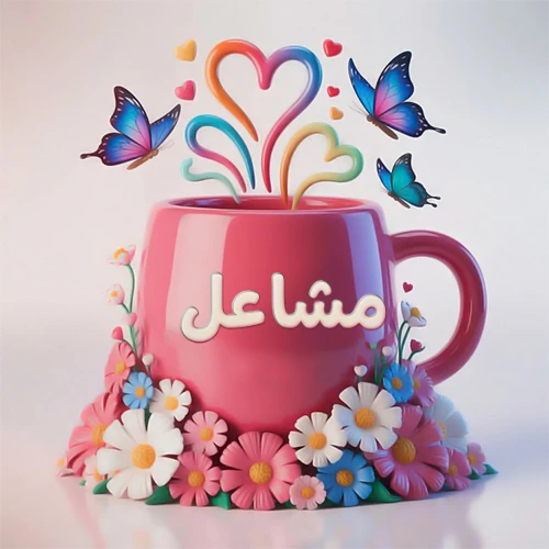 صورة ثلاثية الأبعاد لكوب وردي مزين بزهور ملونة وفراشات زرقاء ووردية، مع قلوب متطايرة. يظهر على الكوب اسم مشاعل بخط أبيض بارز، مما يجعلها مثالية لبطاقات التهنئة الشخصية أو كخلفية جذابة تحمل اسم مشاعل.