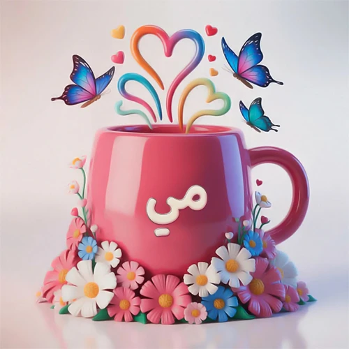 صورة ثلاثية الأبعاد لكوب وردي مزين بزهور ملونة وفراشات زرقاء ووردية، مع قلوب متطايرة. يظهر على الكوب اسم مي بخط أبيض بارز، مما يجعلها مثالية لبطاقات التهنئة الشخصية أو كخلفية جذابة تحمل اسم مي.