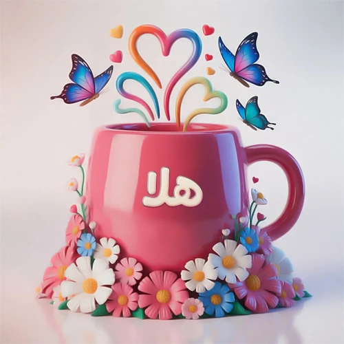 صورة ثلاثية الأبعاد لكوب وردي مزين بزهور ملونة وفراشات زرقاء ووردية، مع قلوب متطايرة. يظهر على الكوب اسم هلا بخط أبيض بارز، مما يجعلها مثالية لبطاقات التهنئة الشخصية أو كخلفية جذابة تحمل اسم هلا.