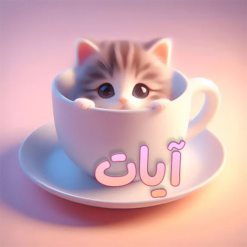 صورة فنية لقطة كرتونية كيوت ذات عيون واسعة وشعر مخطط، تطل من كوب شاي أبيض على صحن مطابق، مع اسم آيات مكتوب بخط عربي زهري وبرتقالي متدرج على الجزء السفلي من الكوب والصحن. الخلفية وردية ناعمة. هذه الصورة مثالية لـ آيات كرمزية أو خلفية شخصية.