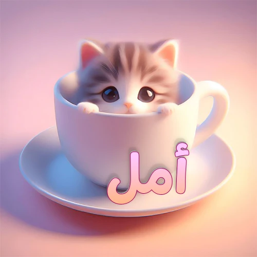 صورة فنية لقطة كرتونية كيوت ذات عيون واسعة وشعر مخطط، تطل من كوب شاي أبيض على صحن مطابق، مع اسم أمل مكتوب بخط عربي زهري وبرتقالي متدرج على الجزء السفلي من الكوب والصحن. الخلفية وردية ناعمة. هذه الصورة مثالية لـ أمل كرمزية أو خلفية شخصية.