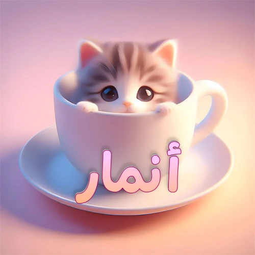 صورة فنية لقطة كرتونية كيوت ذات عيون واسعة وشعر مخطط، تطل من كوب شاي أبيض على صحن مطابق، مع اسم أنمار مكتوب بخط عربي زهري وبرتقالي متدرج على الجزء السفلي من الكوب والصحن. الخلفية وردية ناعمة. هذه الصورة مثالية لـ أنمار كرمزية أو خلفية شخصية.