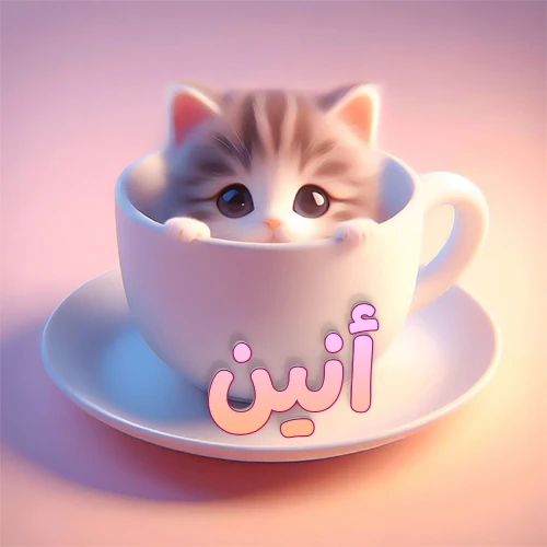 صورة فنية لقطة كرتونية كيوت ذات عيون واسعة وشعر مخطط، تطل من كوب شاي أبيض على صحن مطابق، مع اسم أنين مكتوب بخط عربي زهري وبرتقالي متدرج على الجزء السفلي من الكوب والصحن. الخلفية وردية ناعمة. هذه الصورة مثالية لـ أنين كرمزية أو خلفية شخصية.