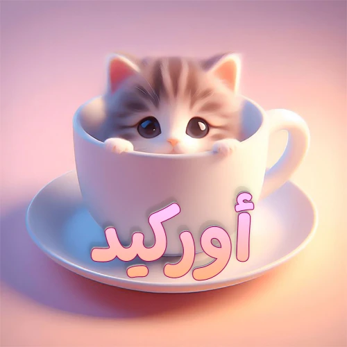 صورة فنية لقطة كرتونية كيوت ذات عيون واسعة وشعر مخطط، تطل من كوب شاي أبيض على صحن مطابق، مع اسم أوركيد مكتوب بخط عربي زهري وبرتقالي متدرج على الجزء السفلي من الكوب والصحن. الخلفية وردية ناعمة. هذه الصورة مثالية لـ أوركيد كرمزية أو خلفية شخصية.