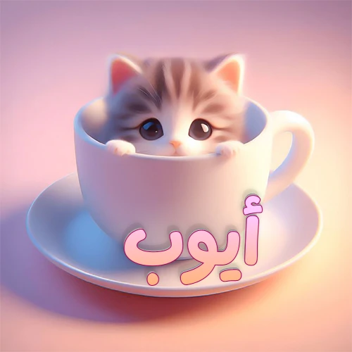صورة فنية لقطة كرتونية كيوت ذات عيون واسعة وشعر مخطط، تطل من كوب شاي أبيض على صحن مطابق، مع اسم أيوب مكتوب بخط عربي زهري وبرتقالي متدرج على الجزء السفلي من الكوب والصحن. الخلفية وردية ناعمة. هذه الصورة مثالية لـ أيوب كرمزية أو خلفية شخصية.