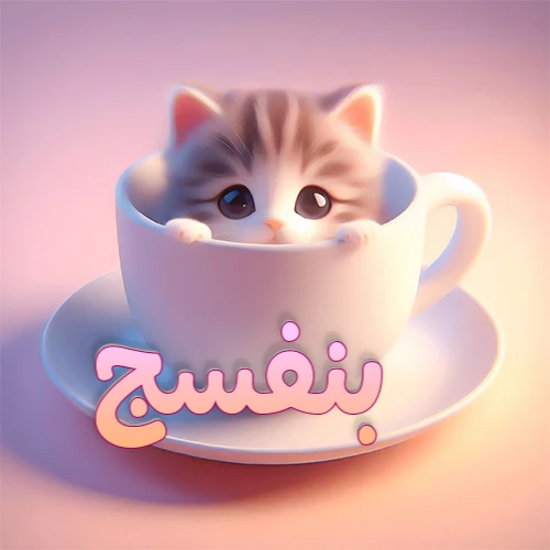 صورة فنية لقطة كرتونية كيوت ذات عيون واسعة وشعر مخطط، تطل من كوب شاي أبيض على صحن مطابق، مع اسم بنفسج مكتوب بخط عربي زهري وبرتقالي متدرج على الجزء السفلي من الكوب والصحن. الخلفية وردية ناعمة. هذه الصورة مثالية لـ بنفسج كرمزية أو خلفية شخصية.