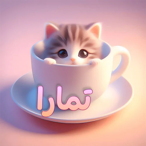 صورة فنية لقطة كرتونية كيوت ذات عيون واسعة وشعر مخطط، تطل من كوب شاي أبيض على صحن مطابق، مع اسم تمارا مكتوب بخط عربي زهري وبرتقالي متدرج على الجزء السفلي من الكوب والصحن. الخلفية وردية ناعمة. هذه الصورة مثالية لـ تمارا كرمزية أو خلفية شخصية.