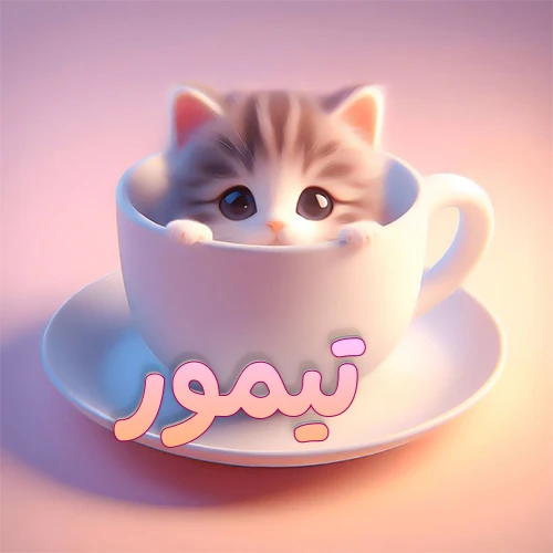 صورة فنية لقطة كرتونية كيوت ذات عيون واسعة وشعر مخطط، تطل من كوب شاي أبيض على صحن مطابق، مع اسم تيمور مكتوب بخط عربي زهري وبرتقالي متدرج على الجزء السفلي من الكوب والصحن. الخلفية وردية ناعمة. هذه الصورة مثالية لـ تيمور كرمزية أو خلفية شخصية.