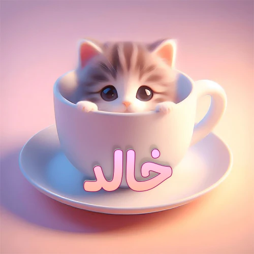 صورة فنية لقطة كرتونية كيوت ذات عيون واسعة وشعر مخطط، تطل من كوب شاي أبيض على صحن مطابق، مع اسم خالد مكتوب بخط عربي زهري وبرتقالي متدرج على الجزء السفلي من الكوب والصحن. الخلفية وردية ناعمة. هذه الصورة مثالية لـ خالد كرمزية أو خلفية شخصية.