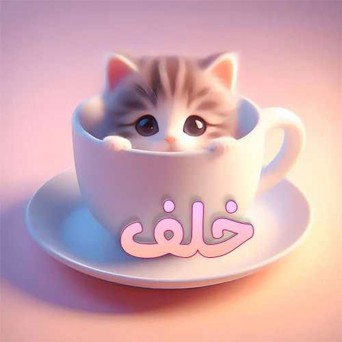 صورة فنية لقطة كرتونية كيوت ذات عيون واسعة وشعر مخطط، تطل من كوب شاي أبيض على صحن مطابق، مع اسم خلف مكتوب بخط عربي زهري وبرتقالي متدرج على الجزء السفلي من الكوب والصحن. الخلفية وردية ناعمة. هذه الصورة مثالية لـ خلف كرمزية أو خلفية شخصية.