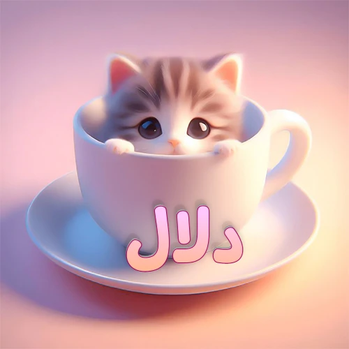 صورة فنية لقطة كرتونية كيوت ذات عيون واسعة وشعر مخطط، تطل من كوب شاي أبيض على صحن مطابق، مع اسم دلال مكتوب بخط عربي زهري وبرتقالي متدرج على الجزء السفلي من الكوب والصحن. الخلفية وردية ناعمة. هذه الصورة مثالية لـ دلال كرمزية أو خلفية شخصية.