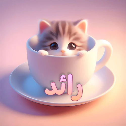 صورة فنية لقطة كرتونية كيوت ذات عيون واسعة وشعر مخطط، تطل من كوب شاي أبيض على صحن مطابق، مع اسم رائد مكتوب بخط عربي زهري وبرتقالي متدرج على الجزء السفلي من الكوب والصحن. الخلفية وردية ناعمة. هذه الصورة مثالية لـ رائد كرمزية أو خلفية شخصية.