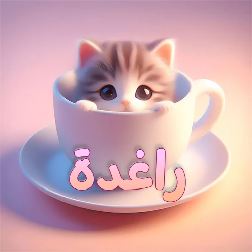 صورة فنية لقطة كرتونية كيوت ذات عيون واسعة وشعر مخطط، تطل من كوب شاي أبيض على صحن مطابق، مع اسم راغدة مكتوب بخط عربي زهري وبرتقالي متدرج على الجزء السفلي من الكوب والصحن. الخلفية وردية ناعمة. هذه الصورة مثالية لـ راغدة كرمزية أو خلفية شخصية.