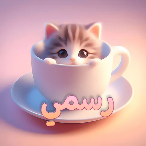 صورة فنية لقطة كرتونية كيوت ذات عيون واسعة وشعر مخطط، تطل من كوب شاي أبيض على صحن مطابق، مع اسم رسمي مكتوب بخط عربي زهري وبرتقالي متدرج على الجزء السفلي من الكوب والصحن. الخلفية وردية ناعمة. هذه الصورة مثالية لـ رسمي كرمزية أو خلفية شخصية.