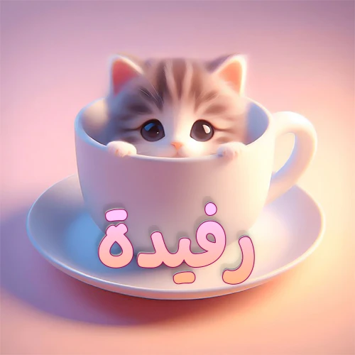 صورة فنية لقطة كرتونية كيوت ذات عيون واسعة وشعر مخطط، تطل من كوب شاي أبيض على صحن مطابق، مع اسم رفيدة مكتوب بخط عربي زهري وبرتقالي متدرج على الجزء السفلي من الكوب والصحن. الخلفية وردية ناعمة. هذه الصورة مثالية لـ رفيدة كرمزية أو خلفية شخصية.