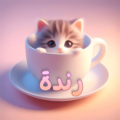 صورة فنية لقطة كرتونية كيوت ذات عيون واسعة وشعر مخطط، تطل من كوب شاي أبيض على صحن مطابق، مع اسم رندة مكتوب بخط عربي زهري وبرتقالي متدرج على الجزء السفلي من الكوب والصحن. الخلفية وردية ناعمة. هذه الصورة مثالية لـ رندة كرمزية أو خلفية شخصية.