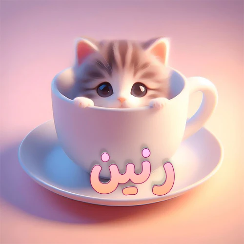 صورة فنية لقطة كرتونية كيوت ذات عيون واسعة وشعر مخطط، تطل من كوب شاي أبيض على صحن مطابق، مع اسم رنين مكتوب بخط عربي زهري وبرتقالي متدرج على الجزء السفلي من الكوب والصحن. الخلفية وردية ناعمة. هذه الصورة مثالية لـ رنين كرمزية أو خلفية شخصية.