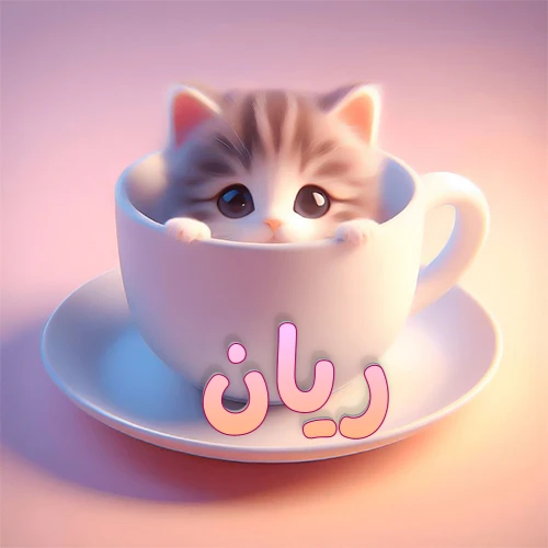 صورة فنية لقطة كرتونية كيوت ذات عيون واسعة وشعر مخطط، تطل من كوب شاي أبيض على صحن مطابق، مع اسم ريان مكتوب بخط عربي زهري وبرتقالي متدرج على الجزء السفلي من الكوب والصحن. الخلفية وردية ناعمة. هذه الصورة مثالية لـ ريان كرمزية أو خلفية شخصية.