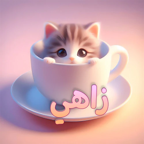 صورة فنية لقطة كرتونية كيوت ذات عيون واسعة وشعر مخطط، تطل من كوب شاي أبيض على صحن مطابق، مع اسم زاهي مكتوب بخط عربي زهري وبرتقالي متدرج على الجزء السفلي من الكوب والصحن. الخلفية وردية ناعمة. هذه الصورة مثالية لـ زاهي كرمزية أو خلفية شخصية.