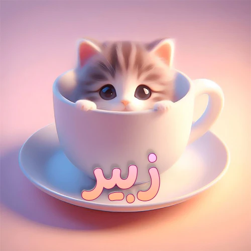 صورة فنية لقطة كرتونية كيوت ذات عيون واسعة وشعر مخطط، تطل من كوب شاي أبيض على صحن مطابق، مع اسم زبير مكتوب بخط عربي زهري وبرتقالي متدرج على الجزء السفلي من الكوب والصحن. الخلفية وردية ناعمة. هذه الصورة مثالية لـ زبير كرمزية أو خلفية شخصية.