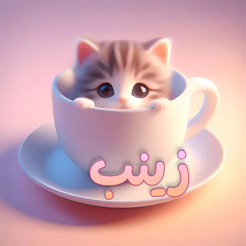 صورة فنية لقطة كرتونية كيوت ذات عيون واسعة وشعر مخطط، تطل من كوب شاي أبيض على صحن مطابق، مع اسم زينب مكتوب بخط عربي زهري وبرتقالي متدرج على الجزء السفلي من الكوب والصحن. الخلفية وردية ناعمة. هذه الصورة مثالية لـ زينب كرمزية أو خلفية شخصية.